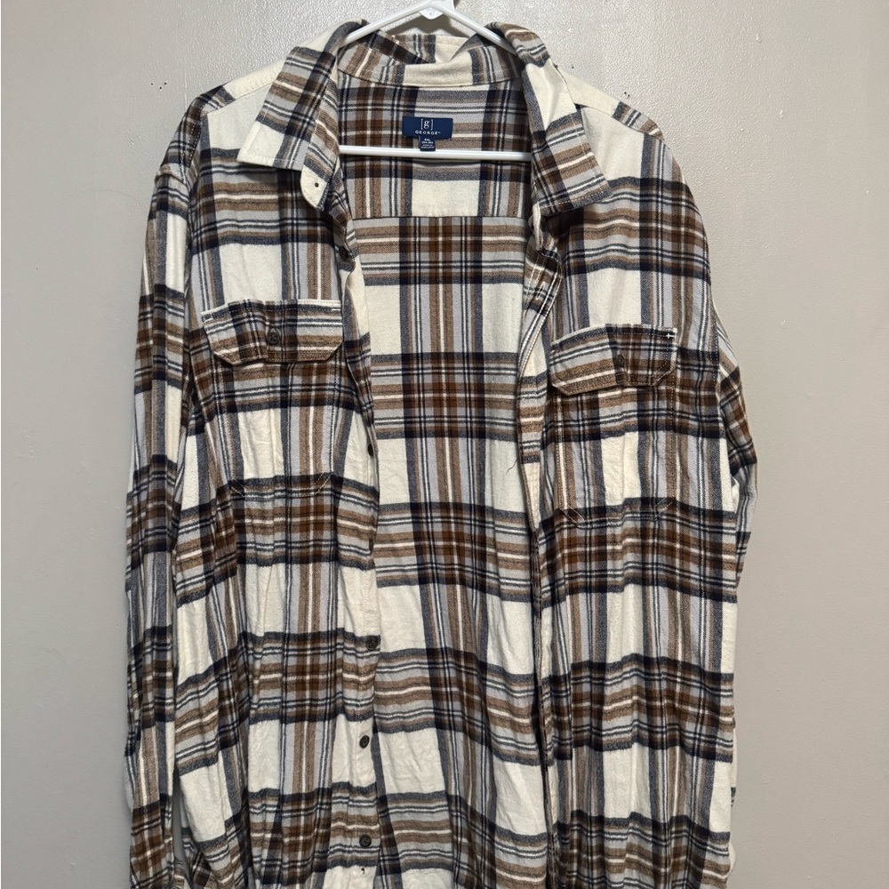 Brown and White Plaid Button-Up Shirt